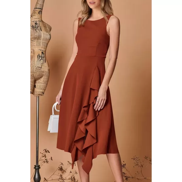 imagePRETTYGARDEN Womens Midi Summer Dresses Sleeveless Flared A Line Asymmetrical Ruffle Flowy Cocktail Party DressDark Brown