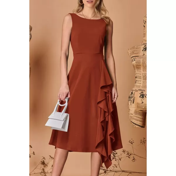 imagePRETTYGARDEN Womens Midi Summer Dresses Sleeveless Flared A Line Asymmetrical Ruffle Flowy Cocktail Party DressDark Brown