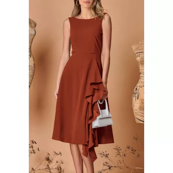 imagePRETTYGARDEN Womens Midi Summer Dresses Sleeveless Flared A Line Asymmetrical Ruffle Flowy Cocktail Party DressDark Brown