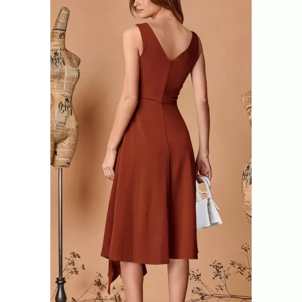 imagePRETTYGARDEN Womens Midi Summer Dresses Sleeveless Flared A Line Asymmetrical Ruffle Flowy Cocktail Party DressDark Brown