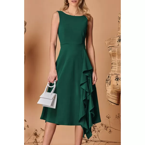 imagePRETTYGARDEN Womens Midi Summer Dresses Sleeveless Flared A Line Asymmetrical Ruffle Flowy Cocktail Party DressDark Green
