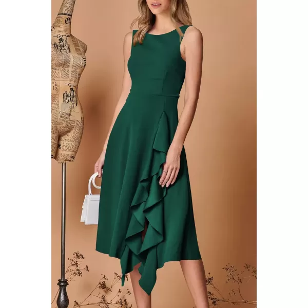 imagePRETTYGARDEN Womens Midi Summer Dresses Sleeveless Flared A Line Asymmetrical Ruffle Flowy Cocktail Party DressDark Green