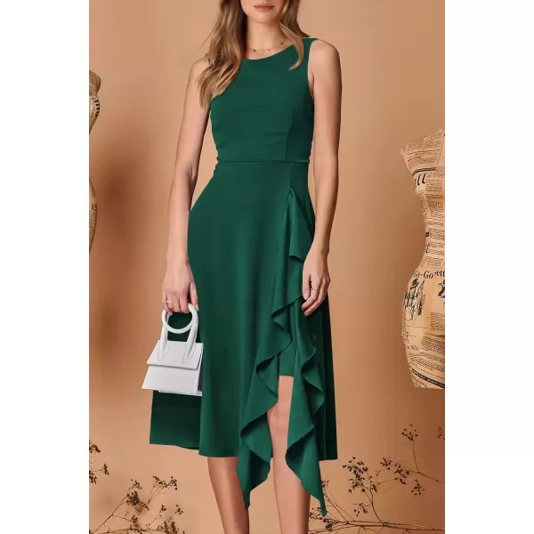 imagePRETTYGARDEN Womens Midi Summer Dresses Sleeveless Flared A Line Asymmetrical Ruffle Flowy Cocktail Party DressDark Green