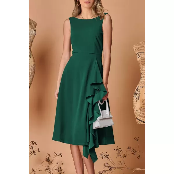 imagePRETTYGARDEN Womens Midi Summer Dresses Sleeveless Flared A Line Asymmetrical Ruffle Flowy Cocktail Party DressDark Green