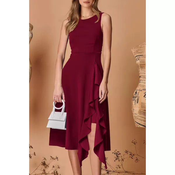 imagePRETTYGARDEN Womens Midi Summer Dresses Sleeveless Flared A Line Asymmetrical Ruffle Flowy Cocktail Party DressWine Red