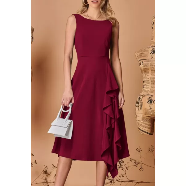 imagePRETTYGARDEN Womens Midi Summer Dresses Sleeveless Flared A Line Asymmetrical Ruffle Flowy Cocktail Party DressWine Red