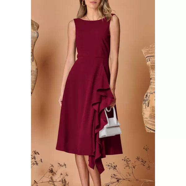 imagePRETTYGARDEN Womens Midi Summer Dresses Sleeveless Flared A Line Asymmetrical Ruffle Flowy Cocktail Party DressWine Red