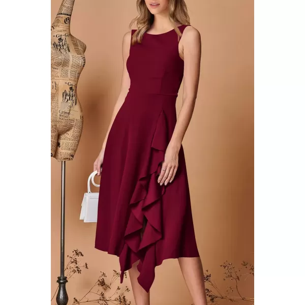 imagePRETTYGARDEN Womens Midi Summer Dresses Sleeveless Flared A Line Asymmetrical Ruffle Flowy Cocktail Party DressWine Red