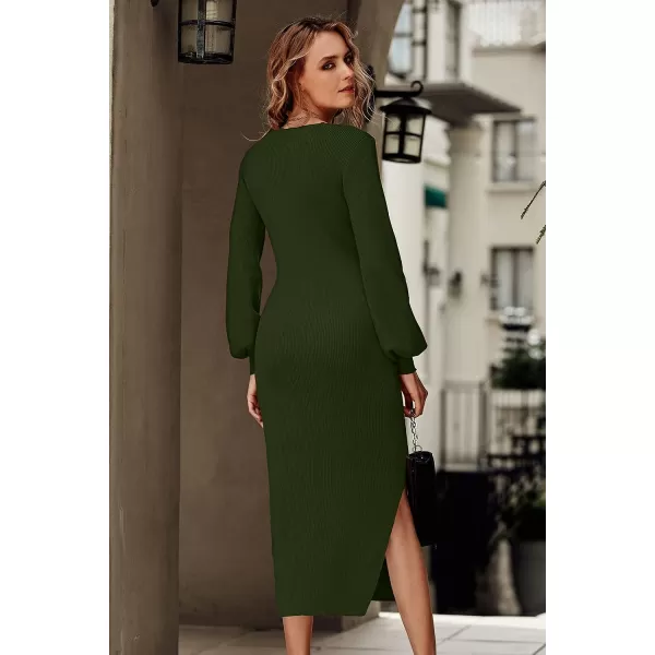 imagePRETTYGARDEN Womens Midi Sweater Dress Long Lantern Sleeve Ruched V Neck Drawstring Side Slit Knit Bodycon DressesArmy Green