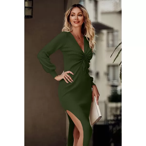 imagePRETTYGARDEN Womens Midi Sweater Dress Long Lantern Sleeve Ruched V Neck Drawstring Side Slit Knit Bodycon DressesArmy Green