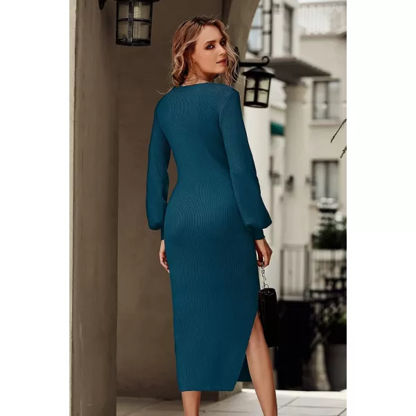 imagePRETTYGARDEN Womens Midi Sweater Dress Long Lantern Sleeve Ruched V Neck Drawstring Side Slit Knit Bodycon DressesBlue Green