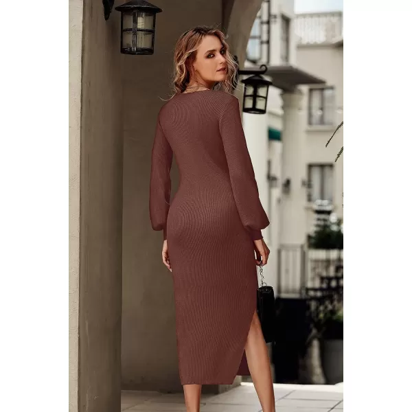 imagePRETTYGARDEN Womens Midi Sweater Dress Long Lantern Sleeve Ruched V Neck Drawstring Side Slit Knit Bodycon DressesBrown Red