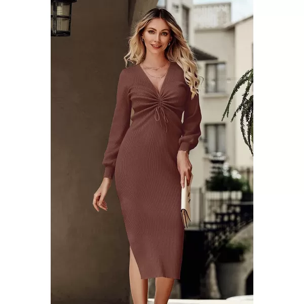 imagePRETTYGARDEN Womens Midi Sweater Dress Long Lantern Sleeve Ruched V Neck Drawstring Side Slit Knit Bodycon DressesBrown Red