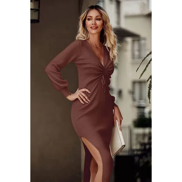 imagePRETTYGARDEN Womens Midi Sweater Dress Long Lantern Sleeve Ruched V Neck Drawstring Side Slit Knit Bodycon DressesBrown Red