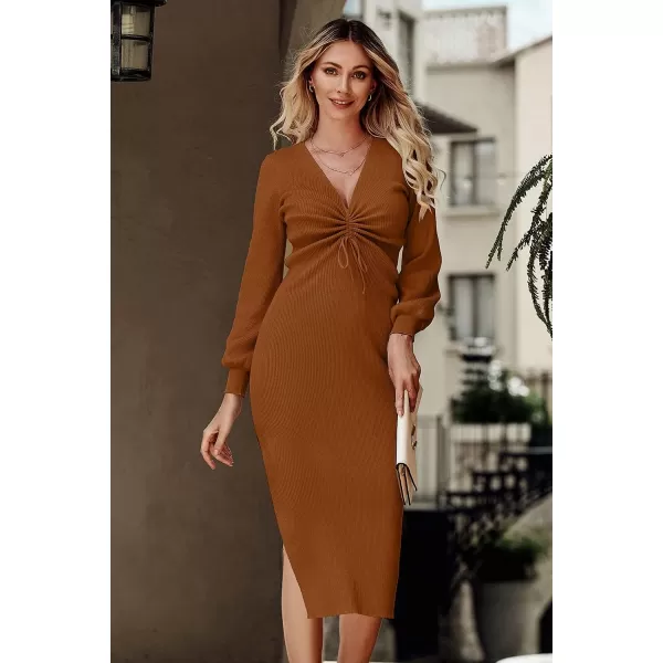 imagePRETTYGARDEN Womens Midi Sweater Dress Long Lantern Sleeve Ruched V Neck Drawstring Side Slit Knit Bodycon DressesCaramel