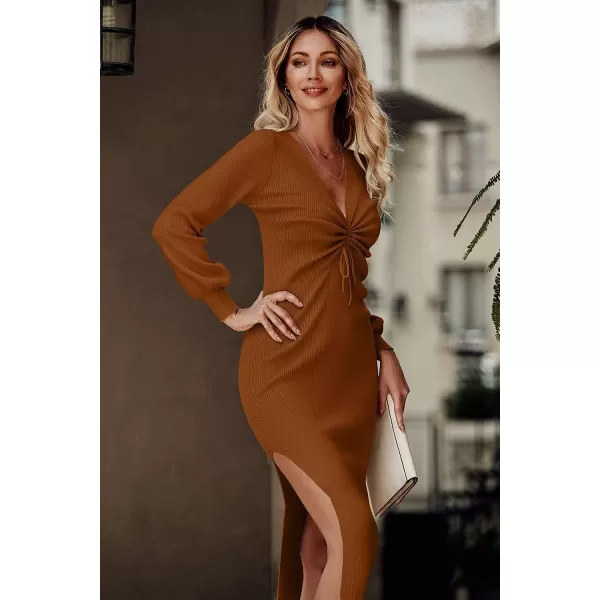 imagePRETTYGARDEN Womens Midi Sweater Dress Long Lantern Sleeve Ruched V Neck Drawstring Side Slit Knit Bodycon DressesCaramel