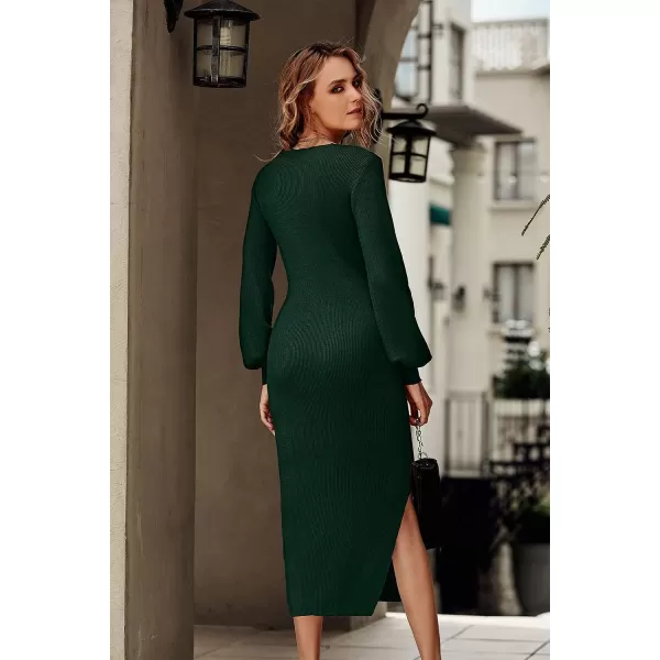 imagePRETTYGARDEN Womens Midi Sweater Dress Long Lantern Sleeve Ruched V Neck Drawstring Side Slit Knit Bodycon DressesDark Green