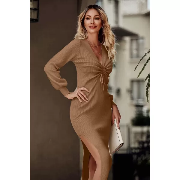 imagePRETTYGARDEN Womens Midi Sweater Dress Long Lantern Sleeve Ruched V Neck Drawstring Side Slit Knit Bodycon DressesDark Khaki