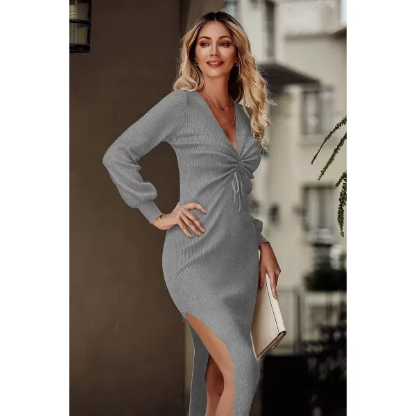 imagePRETTYGARDEN Womens Midi Sweater Dress Long Lantern Sleeve Ruched V Neck Drawstring Side Slit Knit Bodycon DressesGrey