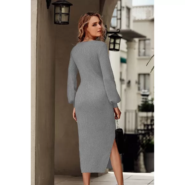 imagePRETTYGARDEN Womens Midi Sweater Dress Long Lantern Sleeve Ruched V Neck Drawstring Side Slit Knit Bodycon DressesGrey