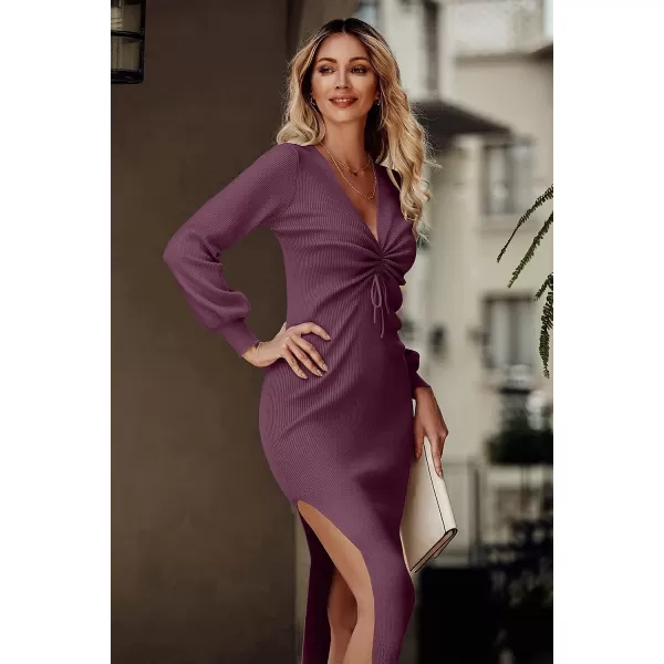 imagePRETTYGARDEN Womens Midi Sweater Dress Long Lantern Sleeve Ruched V Neck Drawstring Side Slit Knit Bodycon DressesGrey Purple