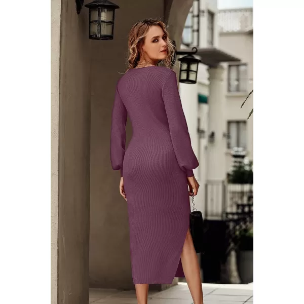 imagePRETTYGARDEN Womens Midi Sweater Dress Long Lantern Sleeve Ruched V Neck Drawstring Side Slit Knit Bodycon DressesGrey Purple