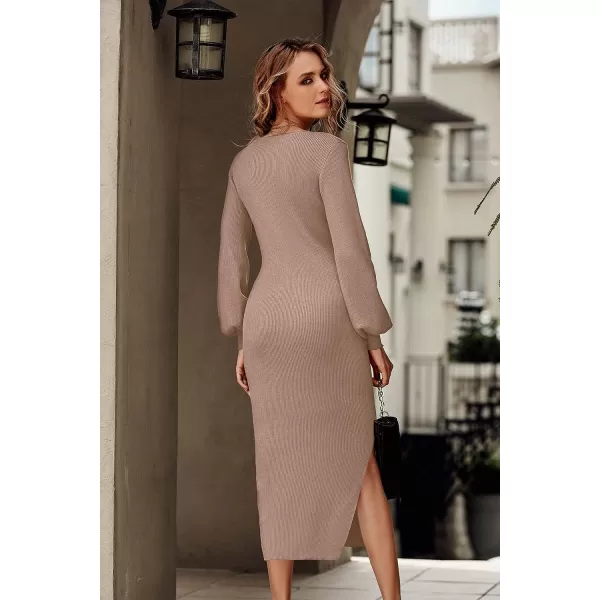 imagePRETTYGARDEN Womens Midi Sweater Dress Long Lantern Sleeve Ruched V Neck Drawstring Side Slit Knit Bodycon DressesKhaki