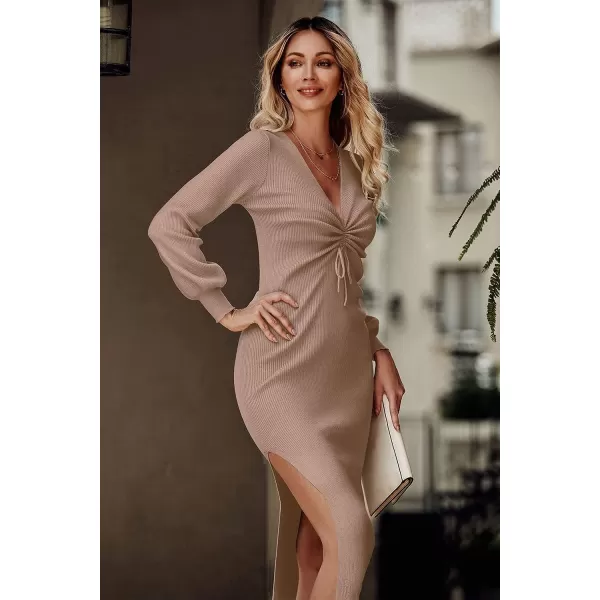imagePRETTYGARDEN Womens Midi Sweater Dress Long Lantern Sleeve Ruched V Neck Drawstring Side Slit Knit Bodycon DressesKhaki