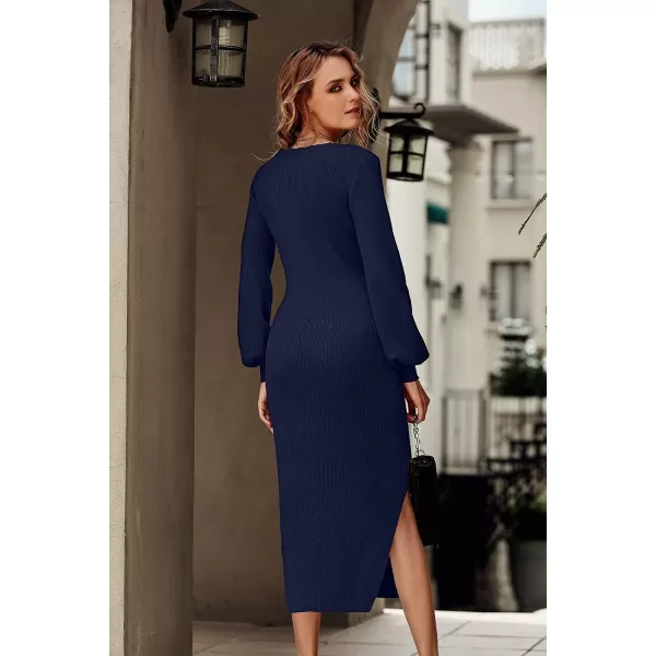 imagePRETTYGARDEN Womens Midi Sweater Dress Long Lantern Sleeve Ruched V Neck Drawstring Side Slit Knit Bodycon DressesNavy