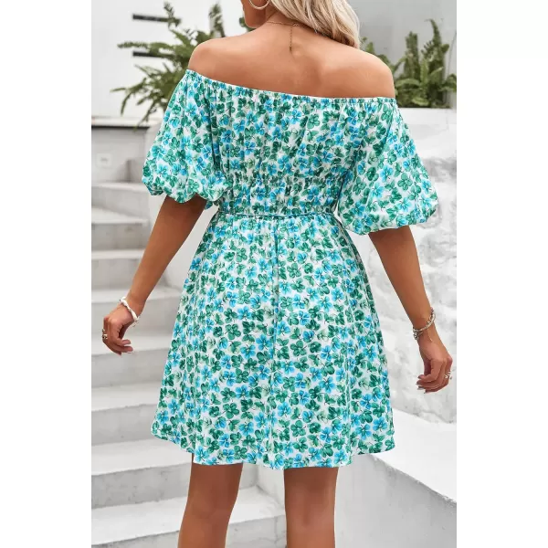 imagePRETTYGARDEN Womens Off The Shoulder Babydoll Dress Short Puff Sleeve Casual A Line Ruffle Summer DressesFloral Dark Green