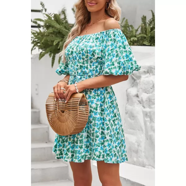 imagePRETTYGARDEN Womens Off The Shoulder Babydoll Dress Short Puff Sleeve Casual A Line Ruffle Summer DressesFloral Dark Green