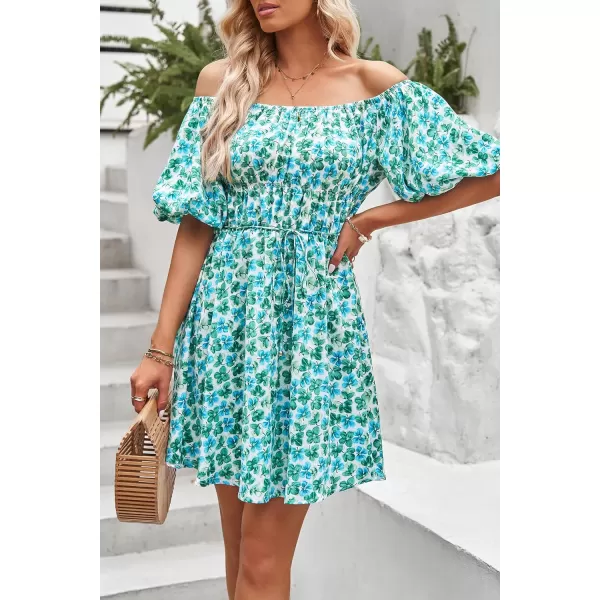imagePRETTYGARDEN Womens Off The Shoulder Babydoll Dress Short Puff Sleeve Casual A Line Ruffle Summer DressesFloral Dark Green