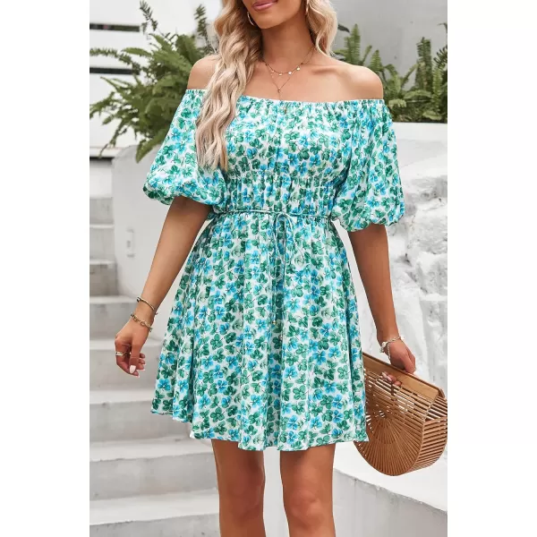 imagePRETTYGARDEN Womens Off The Shoulder Babydoll Dress Short Puff Sleeve Casual A Line Ruffle Summer DressesFloral Dark Green