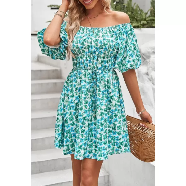 imagePRETTYGARDEN Womens Off The Shoulder Babydoll Dress Short Puff Sleeve Casual A Line Ruffle Summer DressesFloral Dark Green