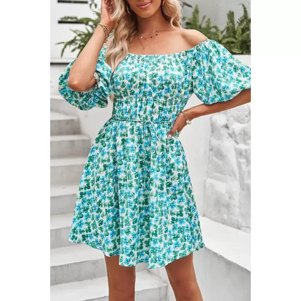 imagePRETTYGARDEN Womens Off The Shoulder Babydoll Dress Short Puff Sleeve Casual A Line Ruffle Summer DressesFloral Dark Green