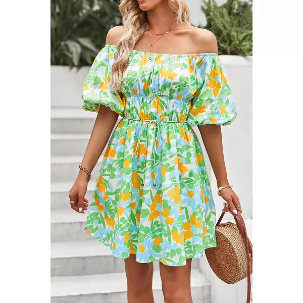 imagePRETTYGARDEN Womens Off The Shoulder Babydoll Dress Short Puff Sleeve Casual A Line Ruffle Summer DressesFloral Grass Green