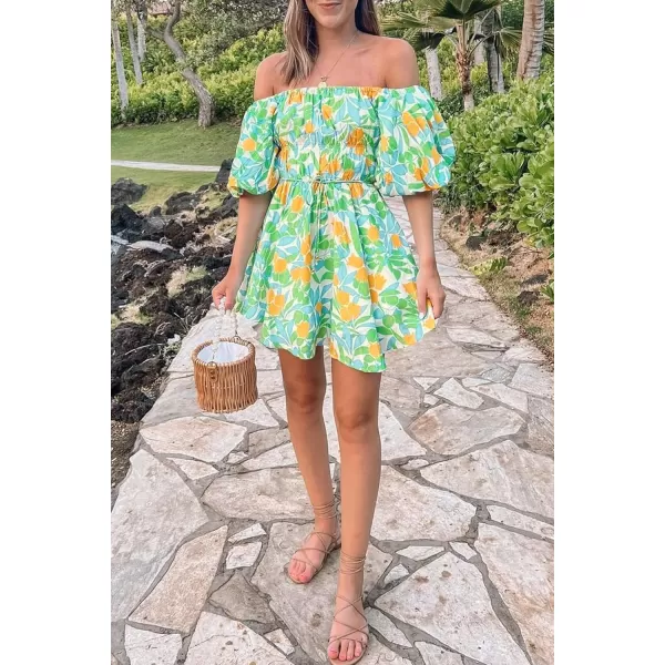 imagePRETTYGARDEN Womens Off The Shoulder Babydoll Dress Short Puff Sleeve Casual A Line Ruffle Summer DressesFloral Grass Green