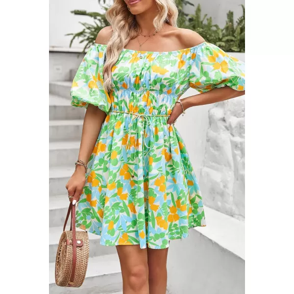 imagePRETTYGARDEN Womens Off The Shoulder Babydoll Dress Short Puff Sleeve Casual A Line Ruffle Summer DressesFloral Grass Green