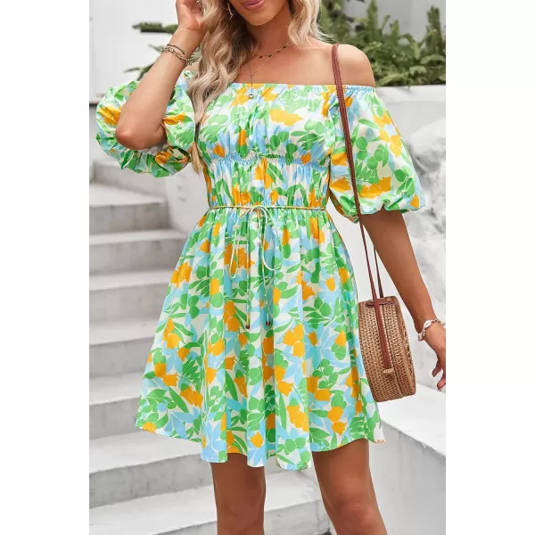 imagePRETTYGARDEN Womens Off The Shoulder Babydoll Dress Short Puff Sleeve Casual A Line Ruffle Summer DressesFloral Grass Green