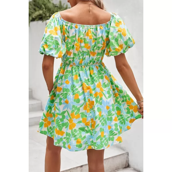 imagePRETTYGARDEN Womens Off The Shoulder Babydoll Dress Short Puff Sleeve Casual A Line Ruffle Summer DressesFloral Grass Green