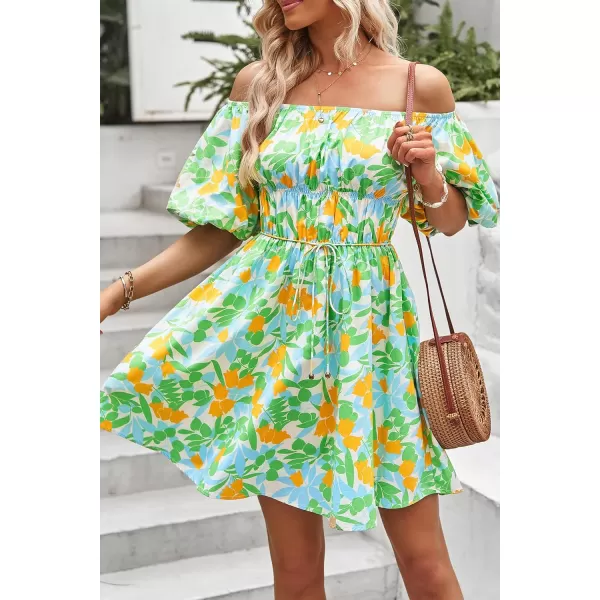 imagePRETTYGARDEN Womens Off The Shoulder Babydoll Dress Short Puff Sleeve Casual A Line Ruffle Summer DressesFloral Grass Green