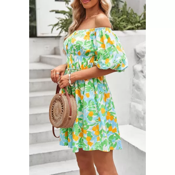 imagePRETTYGARDEN Womens Off The Shoulder Babydoll Dress Short Puff Sleeve Casual A Line Ruffle Summer DressesFloral Grass Green