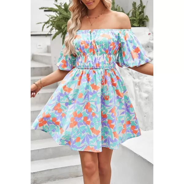 imagePRETTYGARDEN Womens Off The Shoulder Babydoll Dress Short Puff Sleeve Casual A Line Ruffle Summer DressesFloral Light Purple