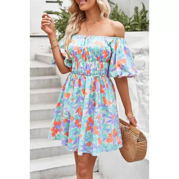 imagePRETTYGARDEN Womens Off The Shoulder Babydoll Dress Short Puff Sleeve Casual A Line Ruffle Summer DressesFloral Light Purple