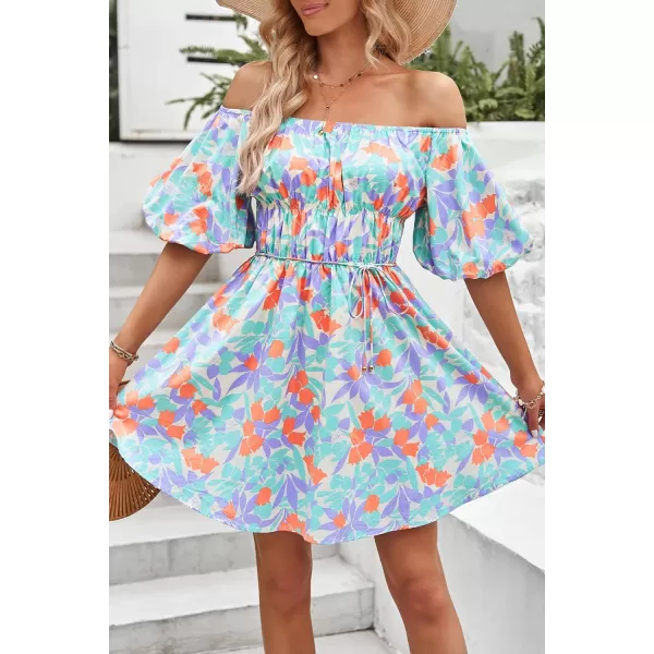 imagePRETTYGARDEN Womens Off The Shoulder Babydoll Dress Short Puff Sleeve Casual A Line Ruffle Summer DressesFloral Light Purple