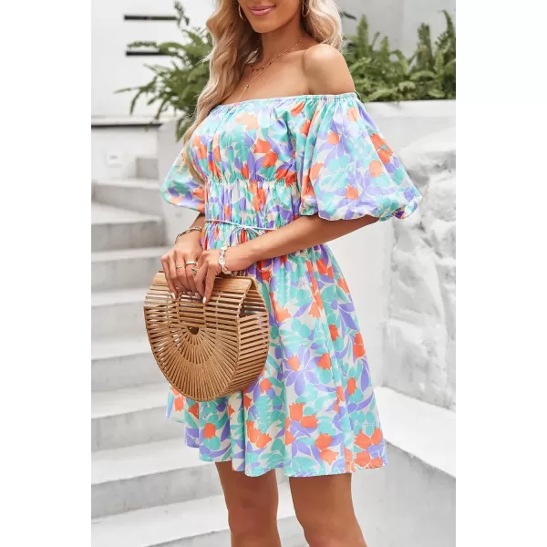 imagePRETTYGARDEN Womens Off The Shoulder Babydoll Dress Short Puff Sleeve Casual A Line Ruffle Summer DressesFloral Light Purple