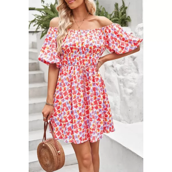 imagePRETTYGARDEN Womens Off The Shoulder Babydoll Dress Short Puff Sleeve Casual A Line Ruffle Summer DressesFloral Pink
