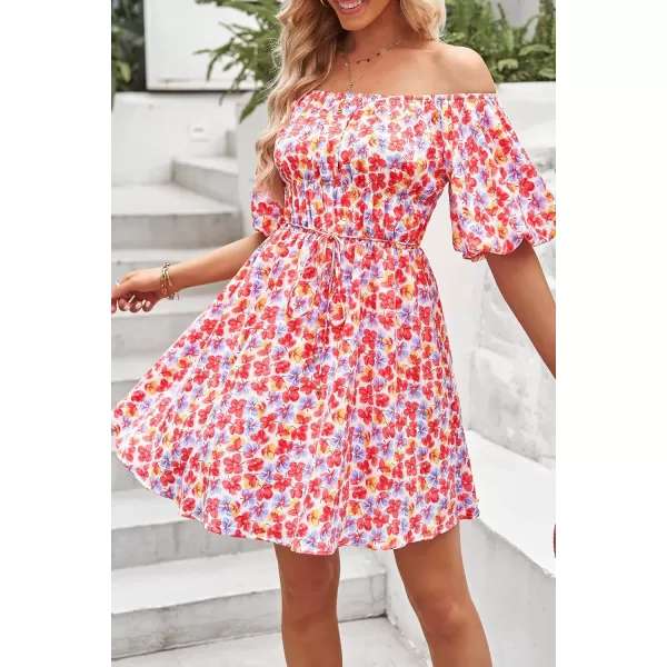 imagePRETTYGARDEN Womens Off The Shoulder Babydoll Dress Short Puff Sleeve Casual A Line Ruffle Summer DressesFloral Pink