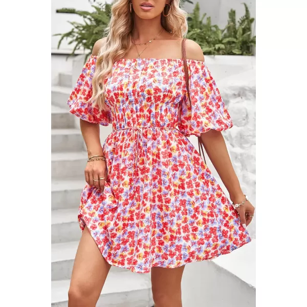 imagePRETTYGARDEN Womens Off The Shoulder Babydoll Dress Short Puff Sleeve Casual A Line Ruffle Summer DressesFloral Pink