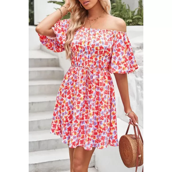 imagePRETTYGARDEN Womens Off The Shoulder Babydoll Dress Short Puff Sleeve Casual A Line Ruffle Summer DressesFloral Pink